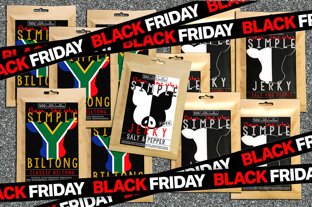 5 x 50g Beef Jerky + 5 x 50g Biltong + 1 busta gratuita di Pork Jerky