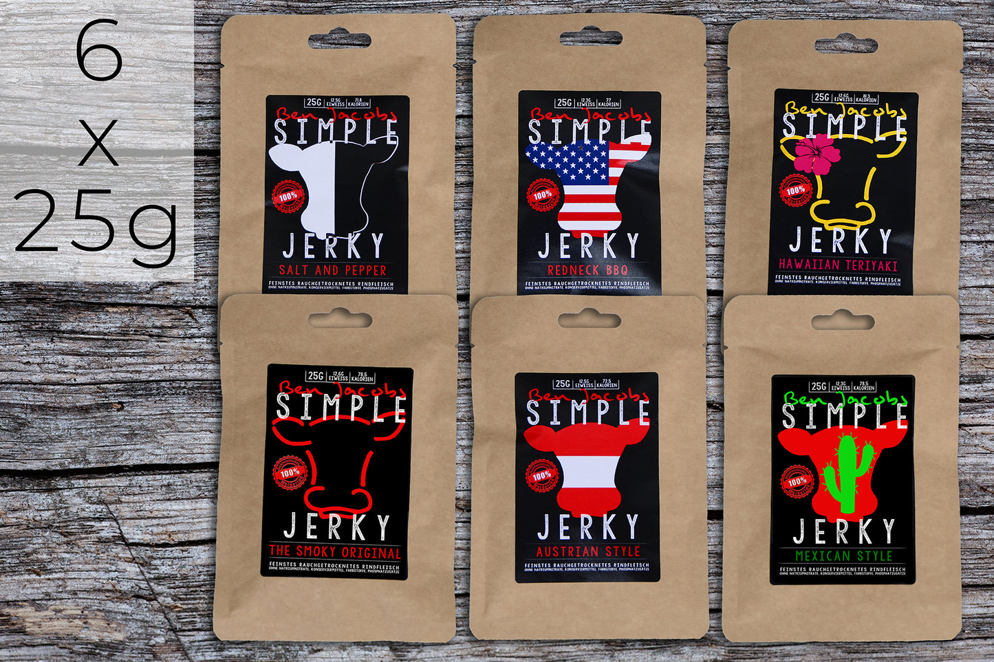 Simple Jerky Probier Box (6 Sorten, 6 x 25g) – Austrian Style, Salt & Pepper, Redneck BBQ, Mexican Style, Hawaiian Teriyaki und The Smoky Original. Hochwertiges Trockenfleisch mit natürlichen Zutaten.